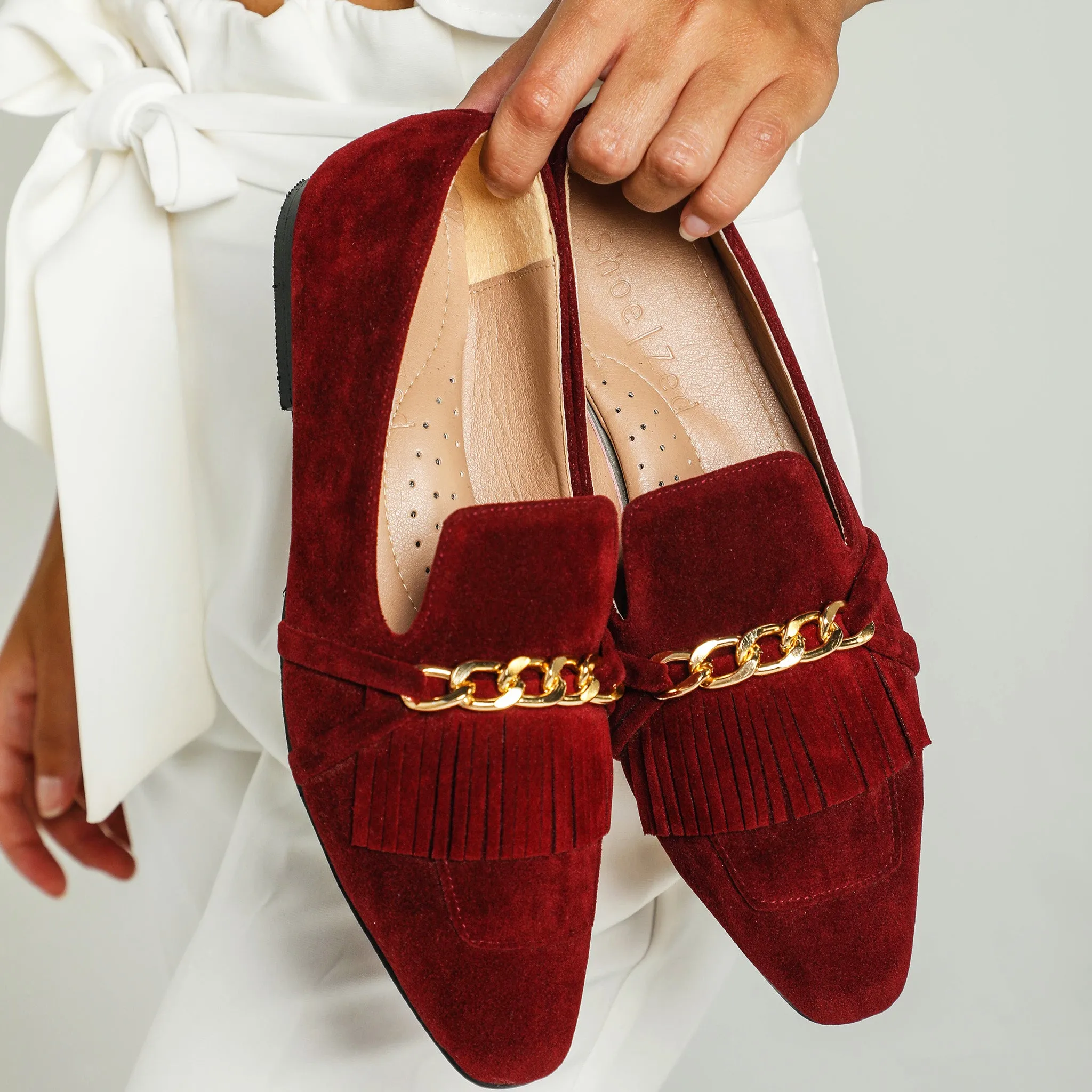 Burgundy Daniela Fringed X Gold Chain Loafers