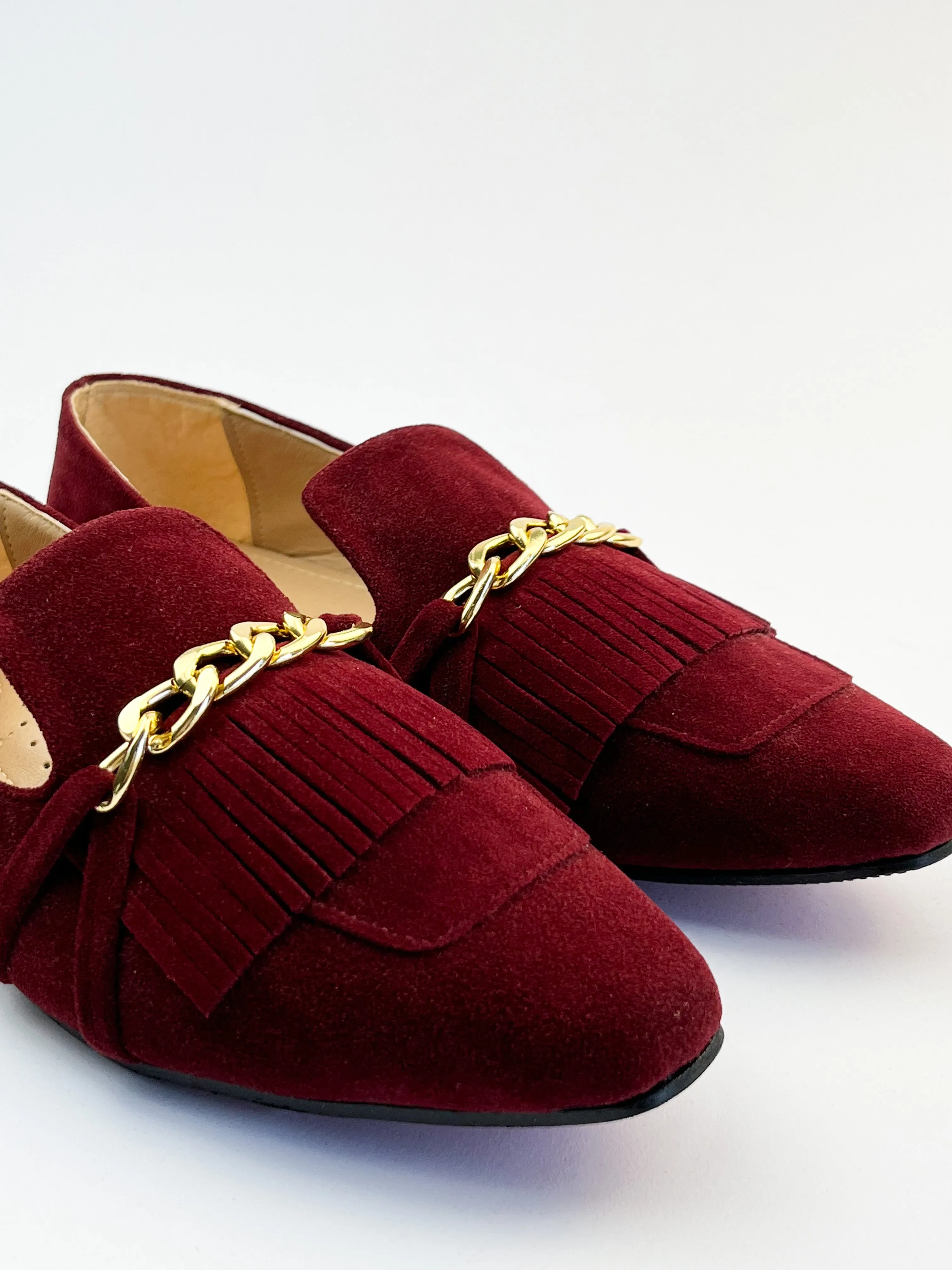 Burgundy Daniela Fringed X Gold Chain Loafers