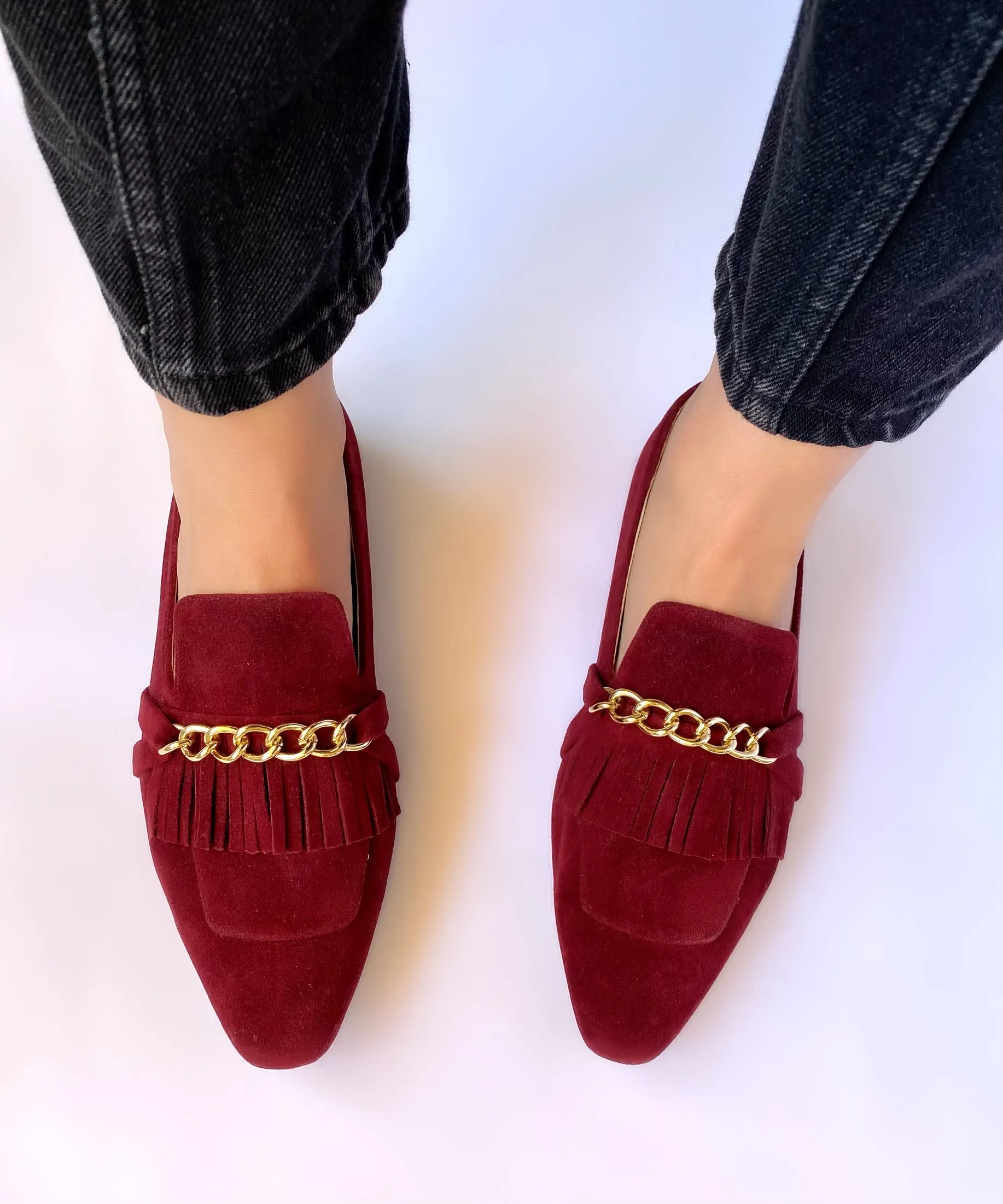 Burgundy Daniela Fringed X Gold Chain Loafers