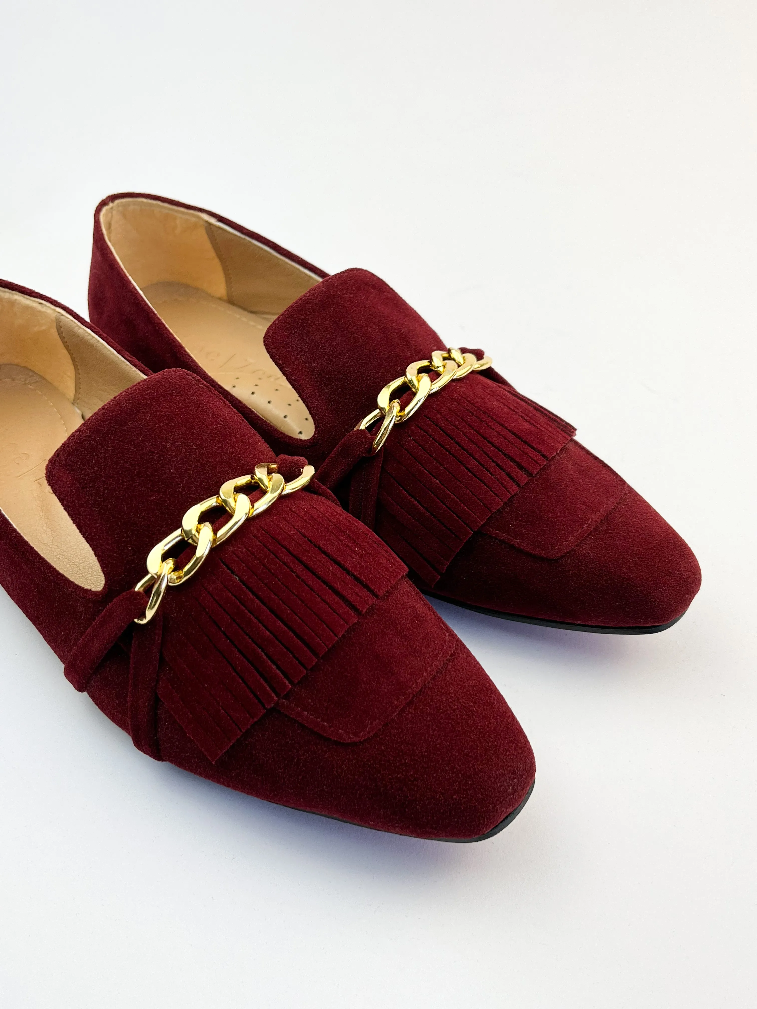 Burgundy Daniela Fringed X Gold Chain Loafers