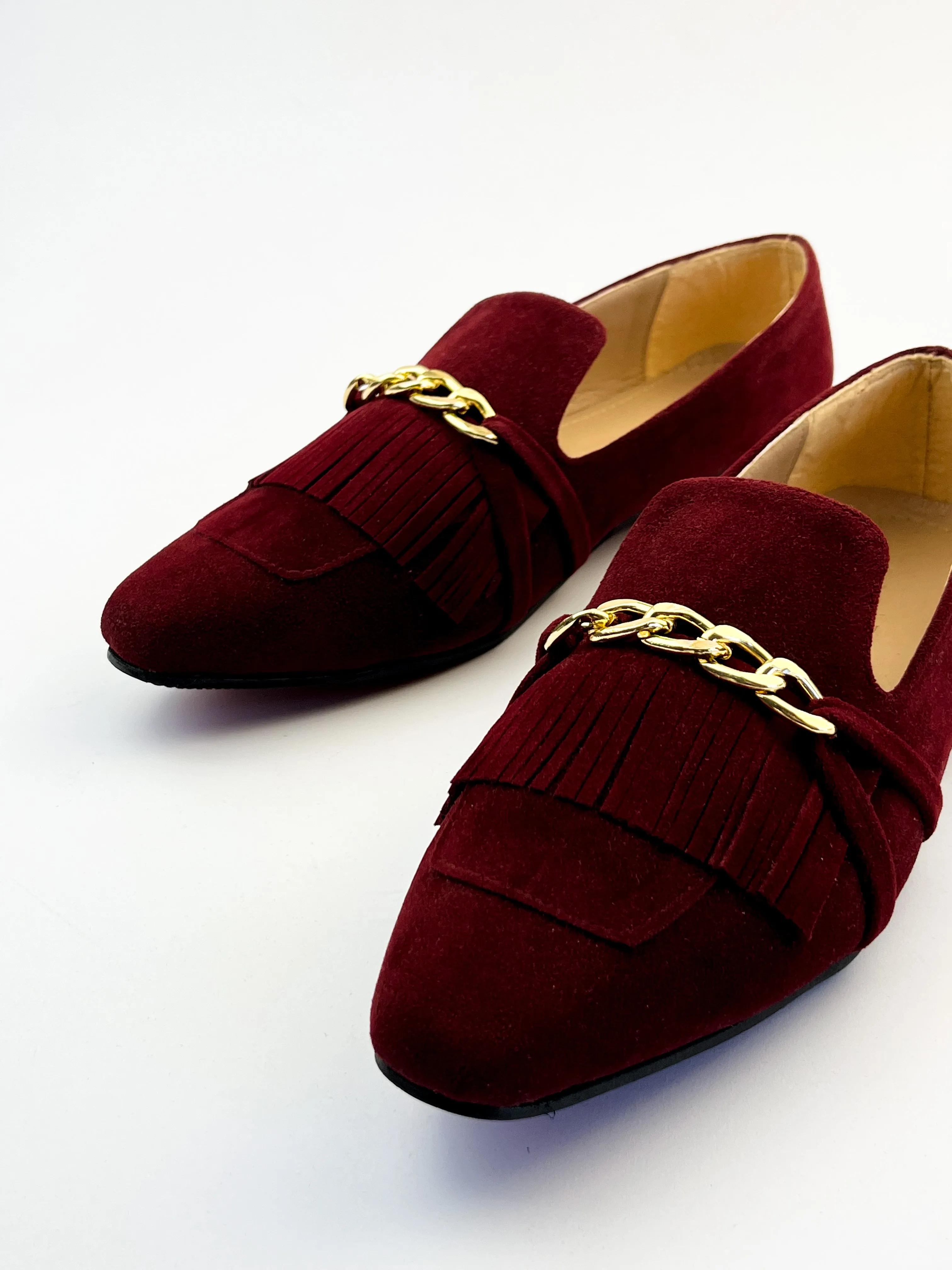 Burgundy Daniela Fringed X Gold Chain Loafers