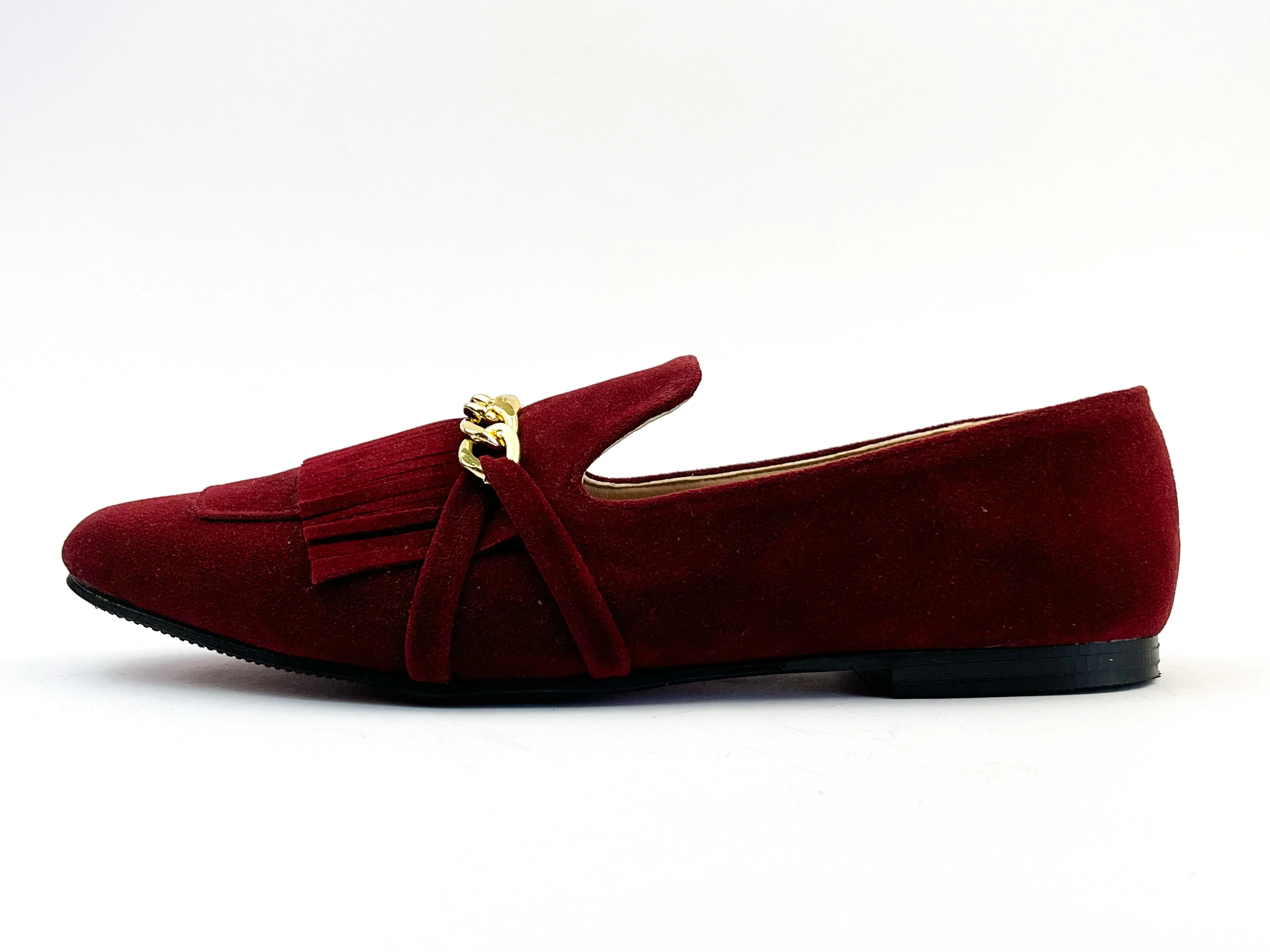 Burgundy Daniela Fringed X Gold Chain Loafers