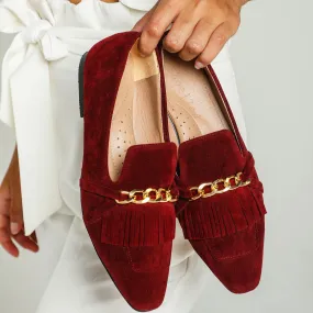 Burgundy Daniela Fringed X Gold Chain Loafers