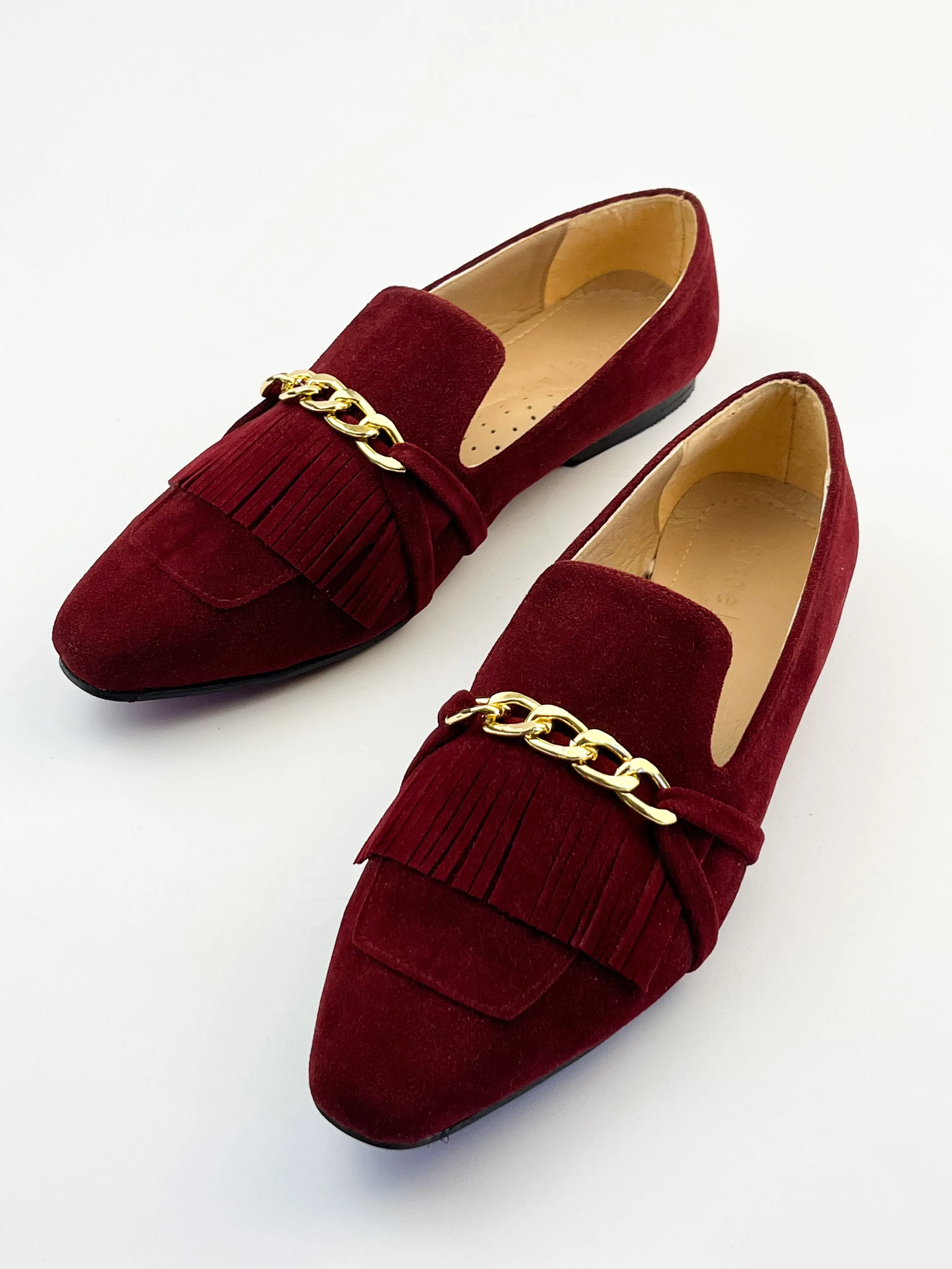 Burgundy Daniela Fringed X Gold Chain Loafers