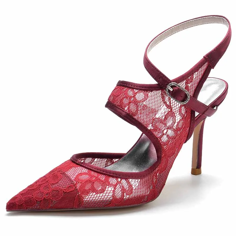 Lace Mesh Satin Bridal Wedding Shoes for Women Comfortable Pointy Toe Pumps