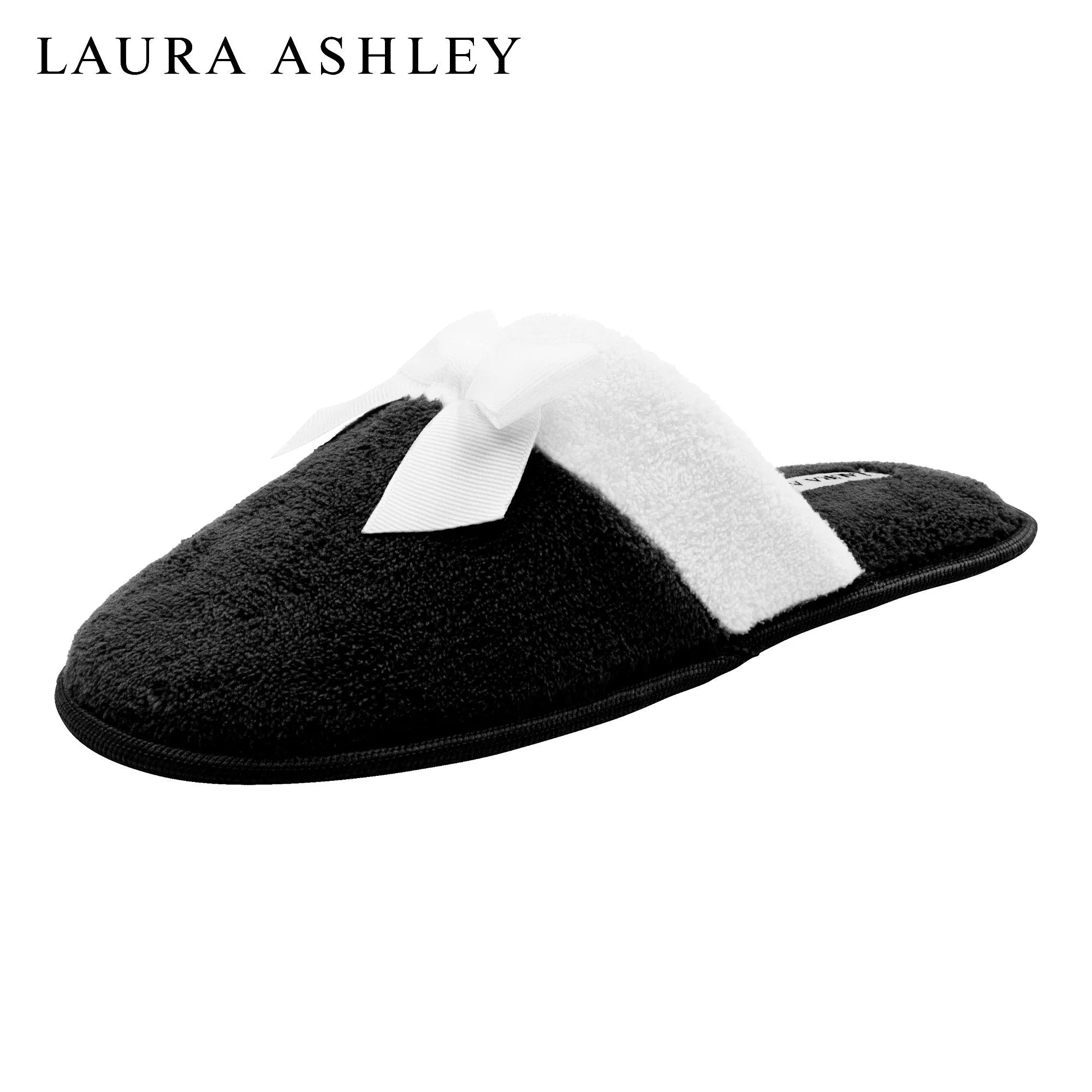 Laura Ashley Ladies Terry Scuff Slipper with Bow, Black, M