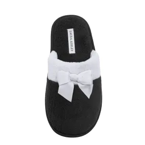 Laura Ashley Ladies Terry Scuff Slipper with Bow, Black, M