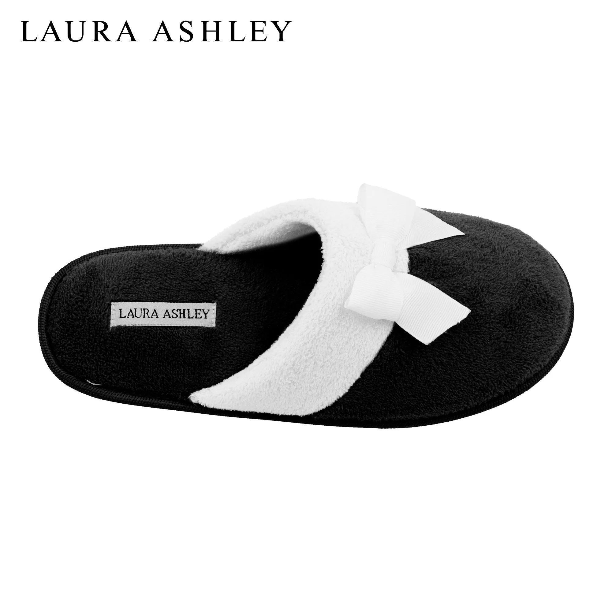 Laura Ashley Ladies Terry Scuff Slipper with Bow, Black, M