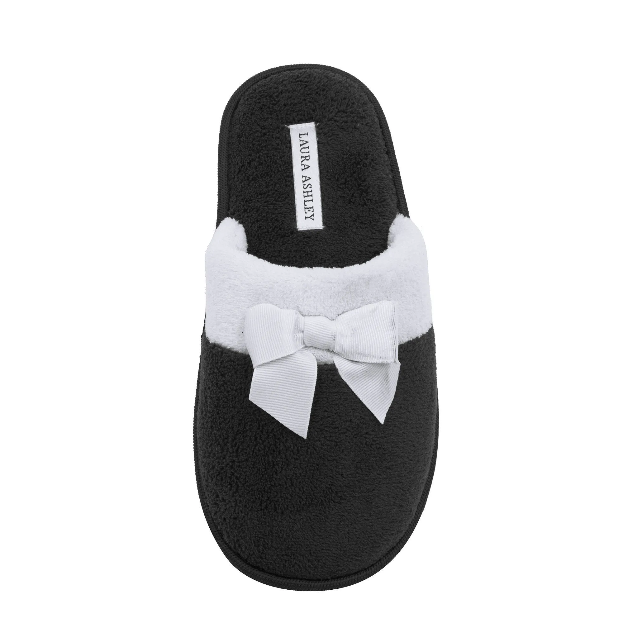 Laura Ashley Ladies Terry Scuff Slipper with Bow, Black, M