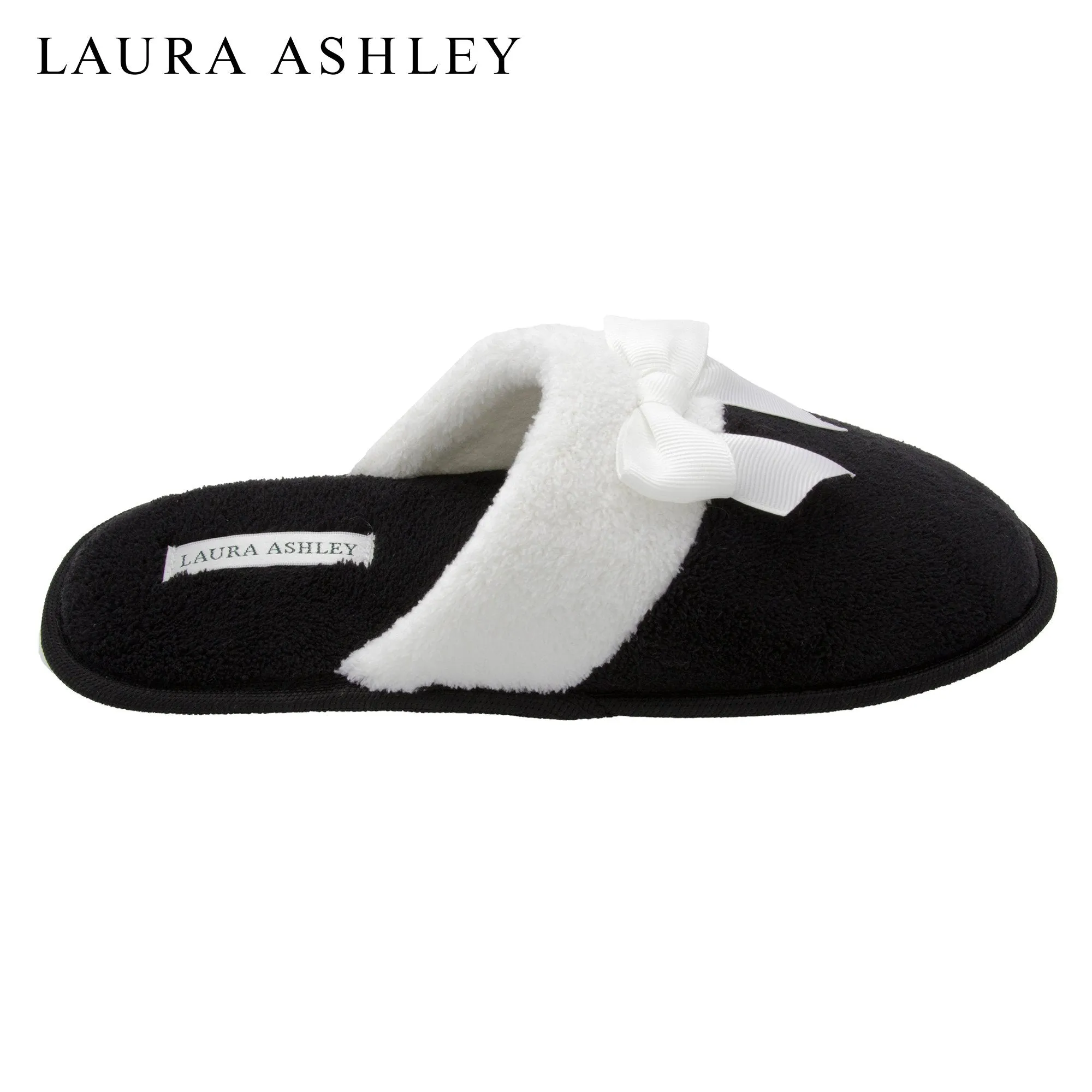 Laura Ashley Ladies Terry Scuff Slipper with Bow Black Size L
