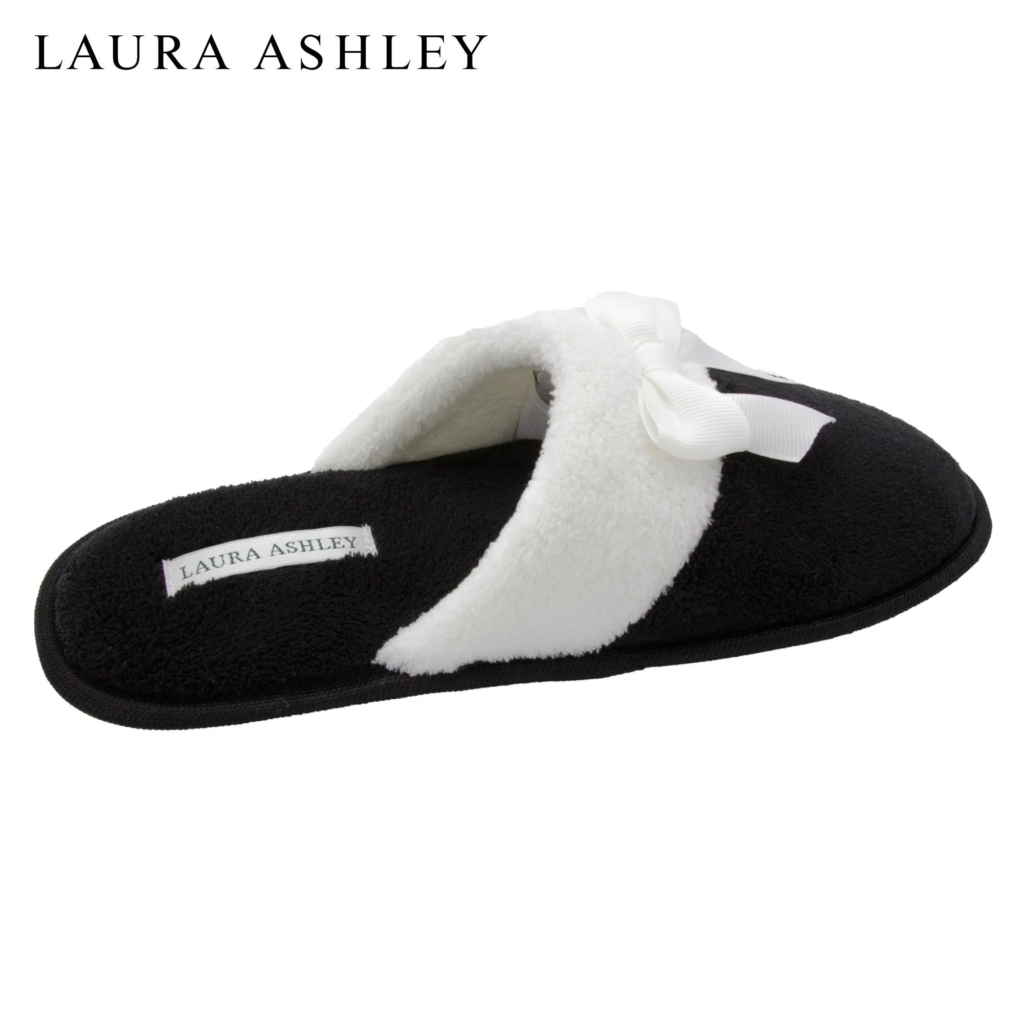 Laura Ashley Ladies Terry Scuff Slipper with Bow Black Size L