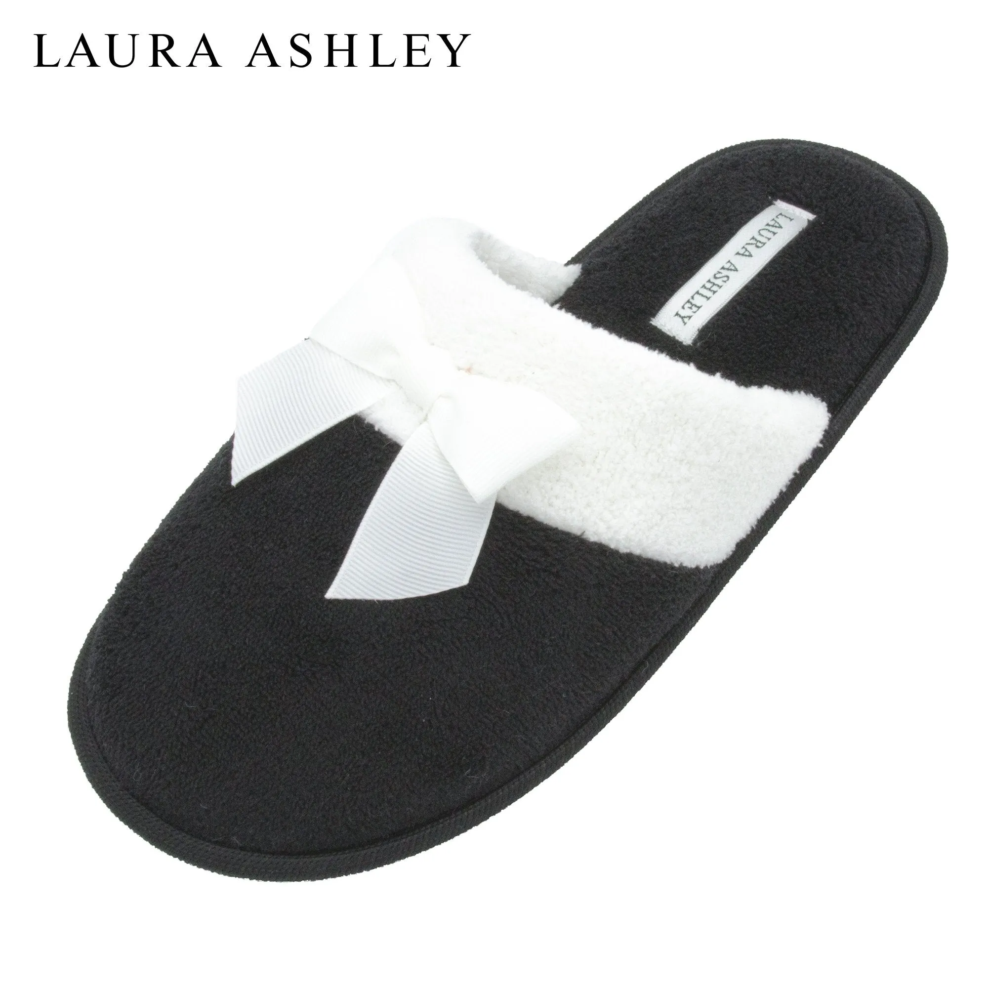 Laura Ashley Ladies Terry Scuff Slipper with Bow Black Size L