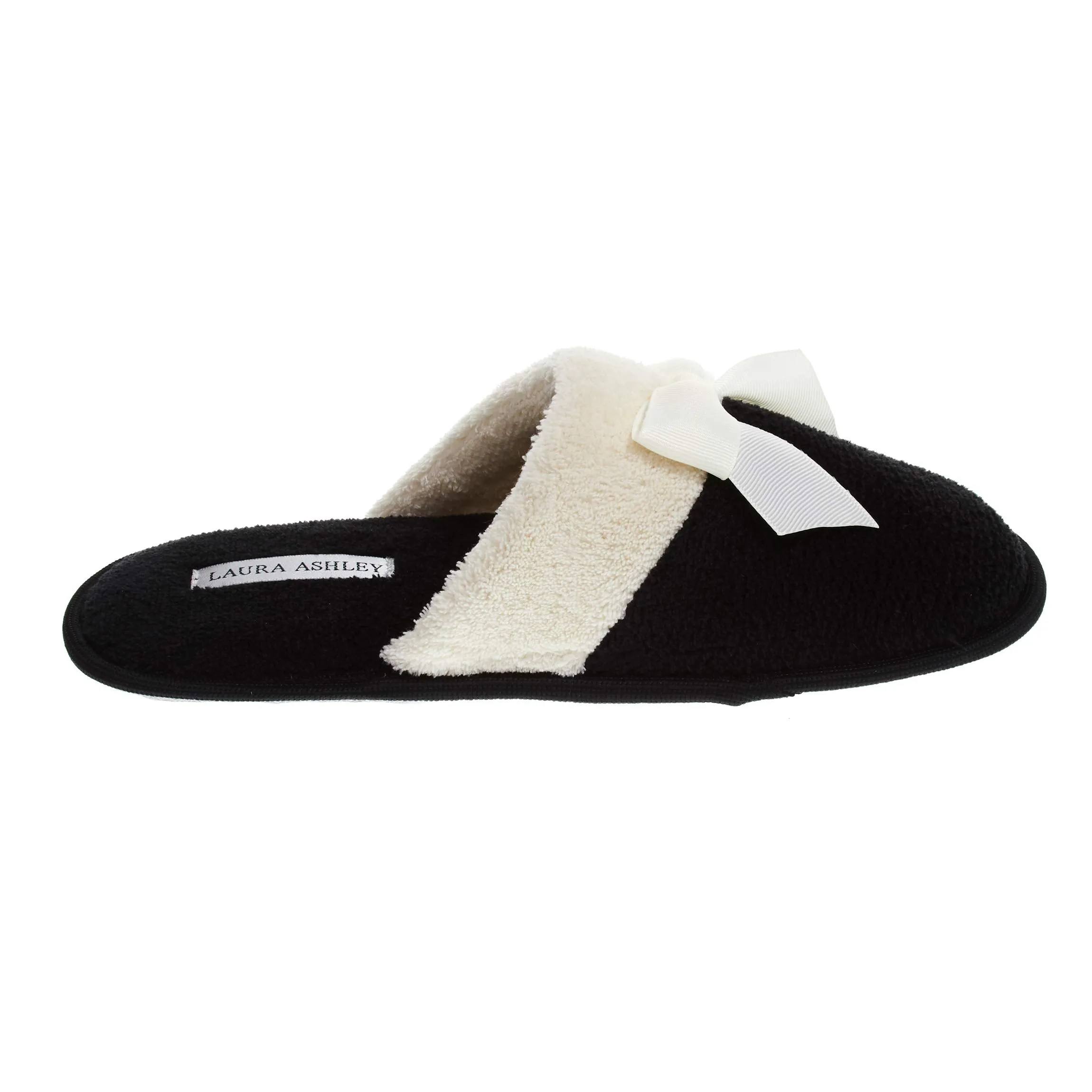Laura Ashley Ladies Terry Scuff Slipper with Bow, Black, X-Large