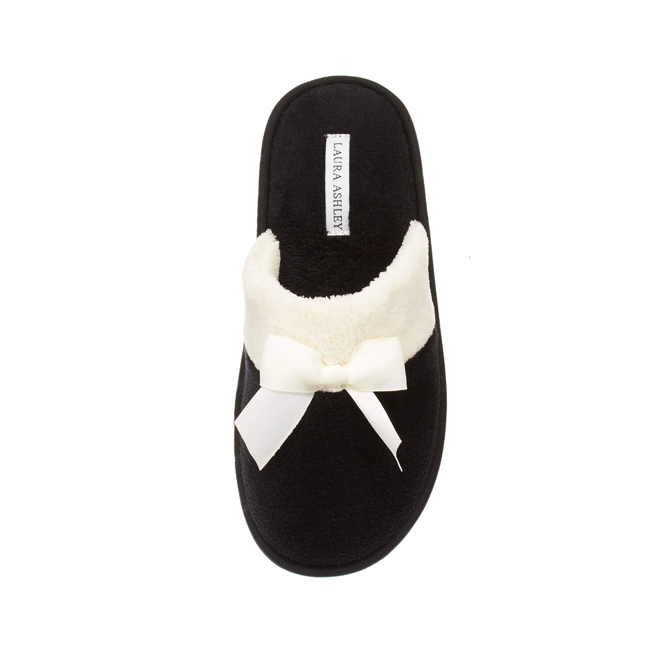Laura Ashley Ladies Terry Scuff Slipper with Bow, Black, X-Large