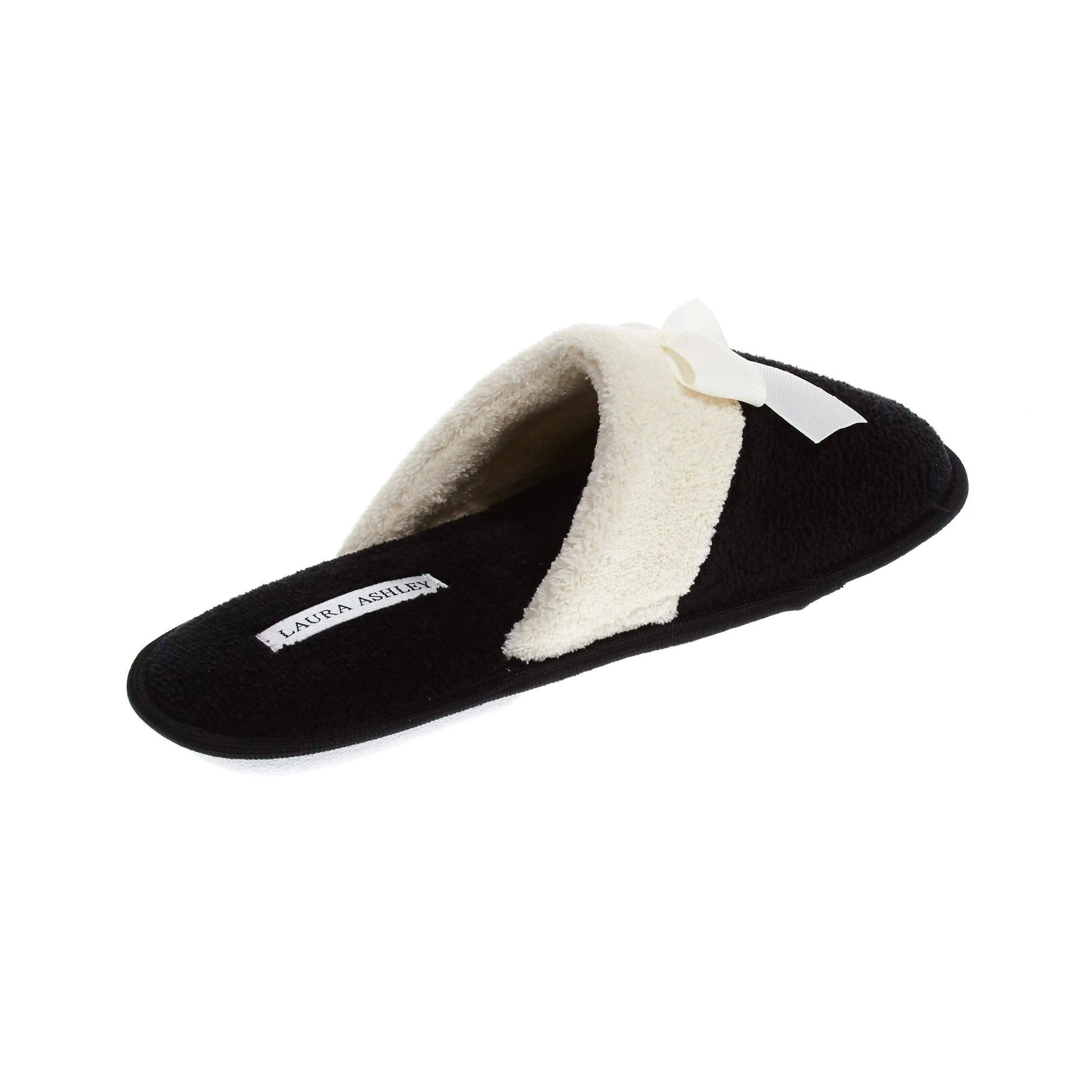 Laura Ashley Ladies Terry Scuff Slipper with Bow, Black, X-Large