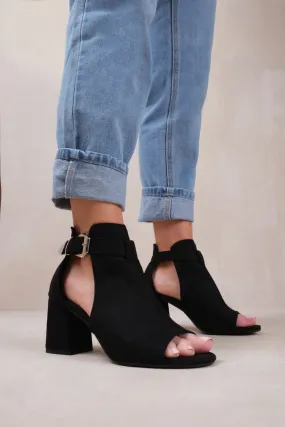 LISA WIDE FIT BLOCK HEEL WITH SIDE BUCKLE AND OPEN TOE FRONT IN BLACK SUEDE