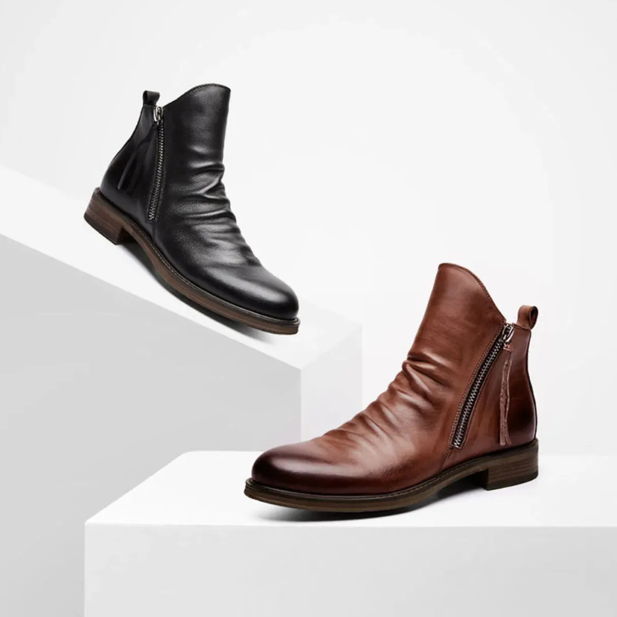 LuxeMax - Heren Enkelboots van Echt Leer met Rits en Lage Hak, Stijlvolle Schoenen