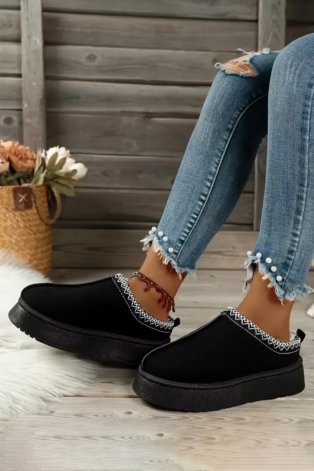 Online Black Contrast Print Suede Plush Lined Snow Boots