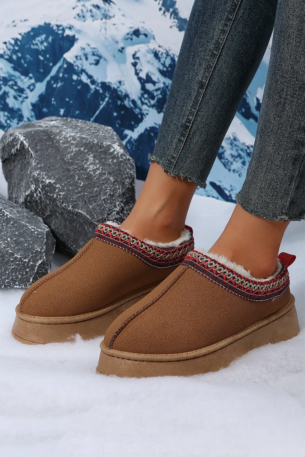 Online Black Contrast Print Suede Plush Lined Snow Boots