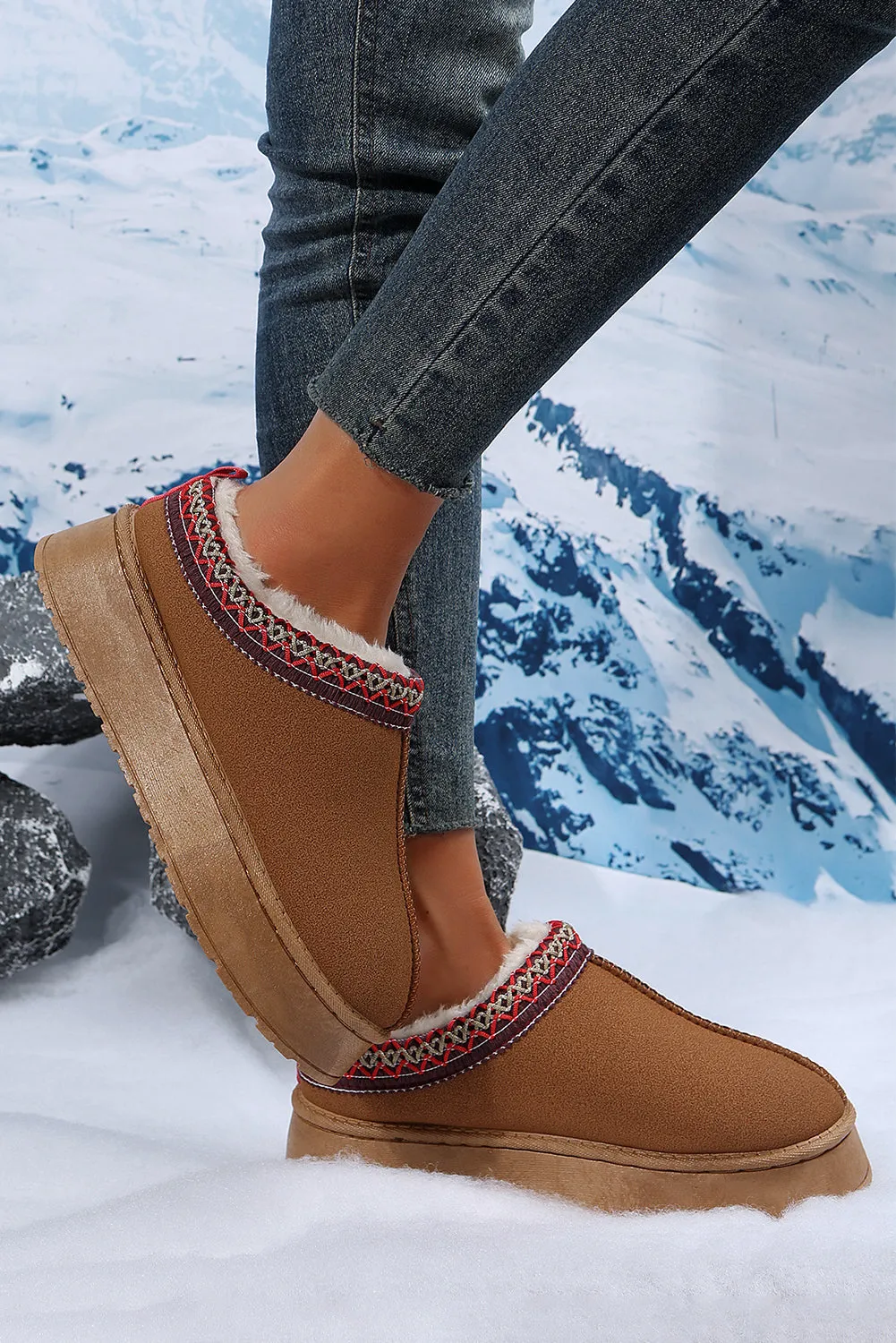Online Black Contrast Print Suede Plush Lined Snow Boots