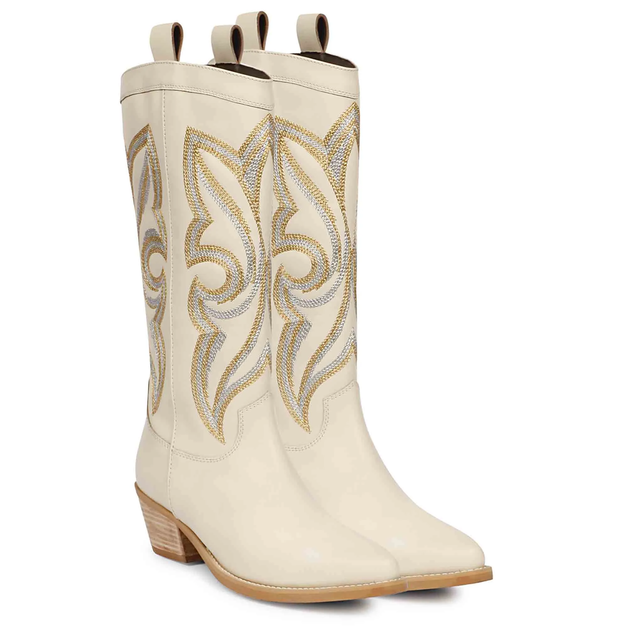 Saint Martina Off White Stitched Leather Cowboy Boots