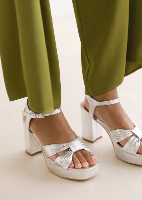 TALIA WIDE FIT MID BLOCK HEEL WITH PLAFTORM AND BOW DETAILING IN SILVER FAUX LEATHER