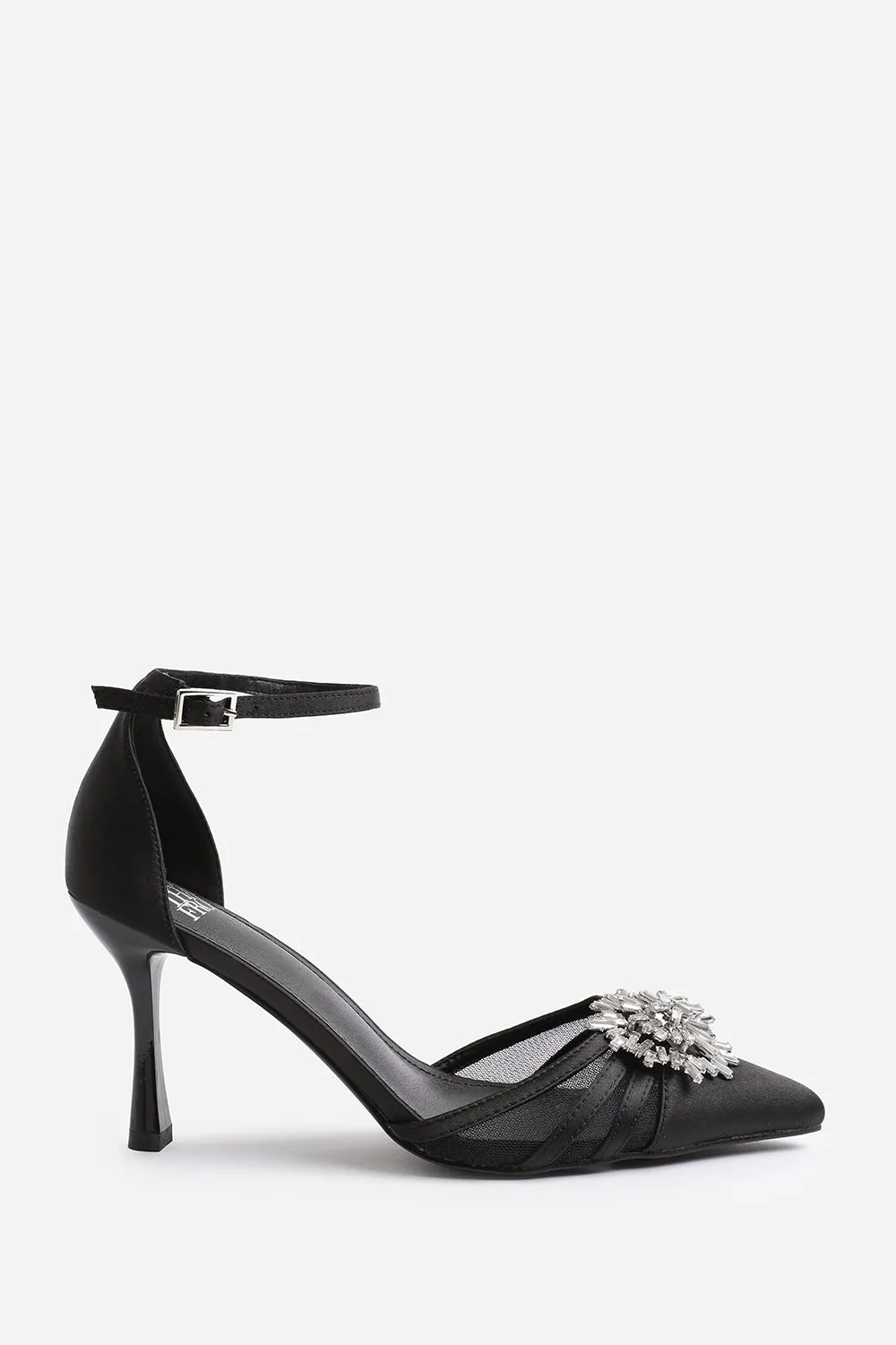 VERA WIDE FIT HIGH HEEL WITH POINTED TOE AND DIAMANTE DETAIL IN BLACK SATIN