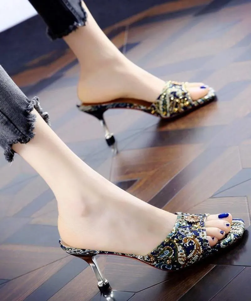 Women Peep Toe Stiletto Green Zircon High Heel Slippers LC0177