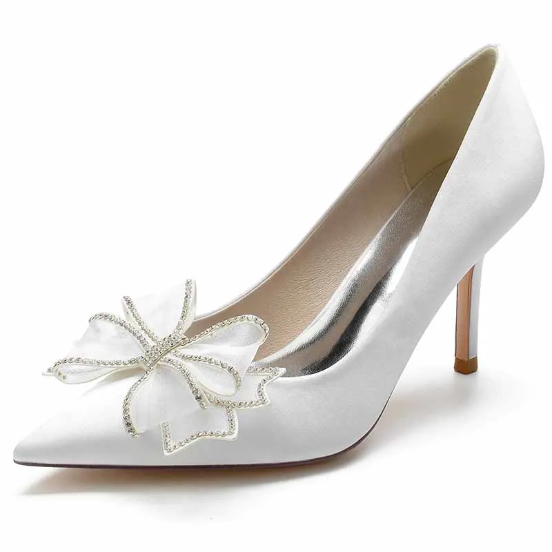 Women's Bow Pumps Satin Pointy Stilettos Wedding Dress Heeled Wedding Shoes