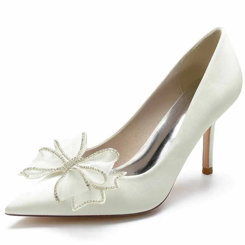 Women's Bow Pumps Satin Pointy Stilettos Wedding Dress Heeled Wedding Shoes