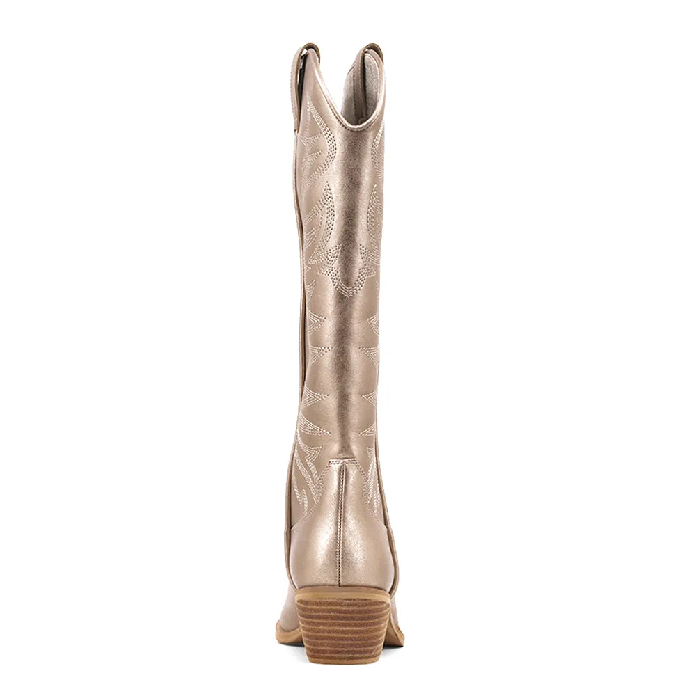 Zerena Embroidered Metallic Pointed Toe Pull On Cowboy Boots
