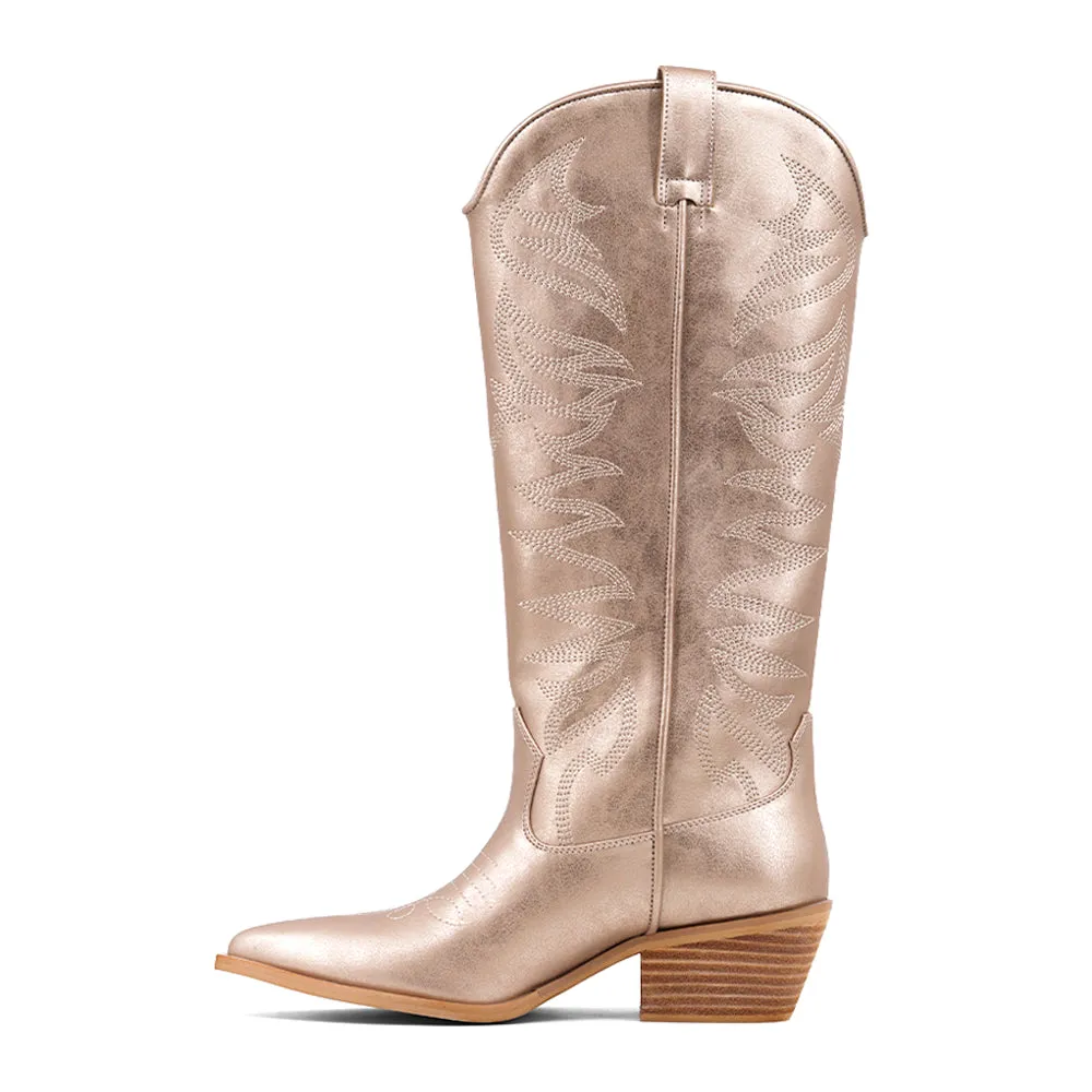 Zerena Embroidered Metallic Pointed Toe Pull On Cowboy Boots